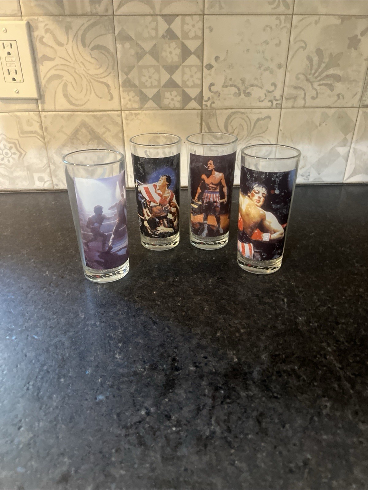Set Of 4 Vintage RARE Rocky Balboa Drinking Glasses Collectibles Set Of 4 Vintage RARE Rocky Balboa Drinking Glasses Collectibles