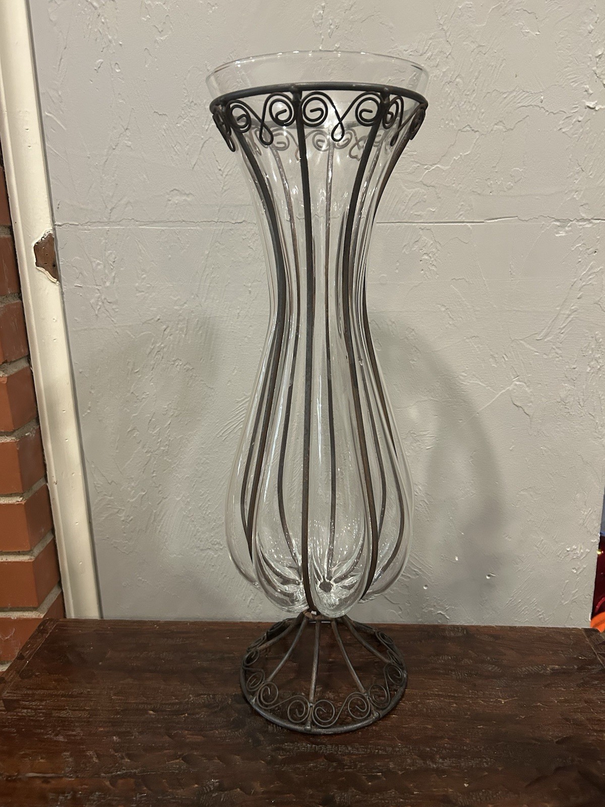 Vtg Crate & Barrel Petra 20.5” Caged Glass Vase Wrought Iron Floor Hand Blown