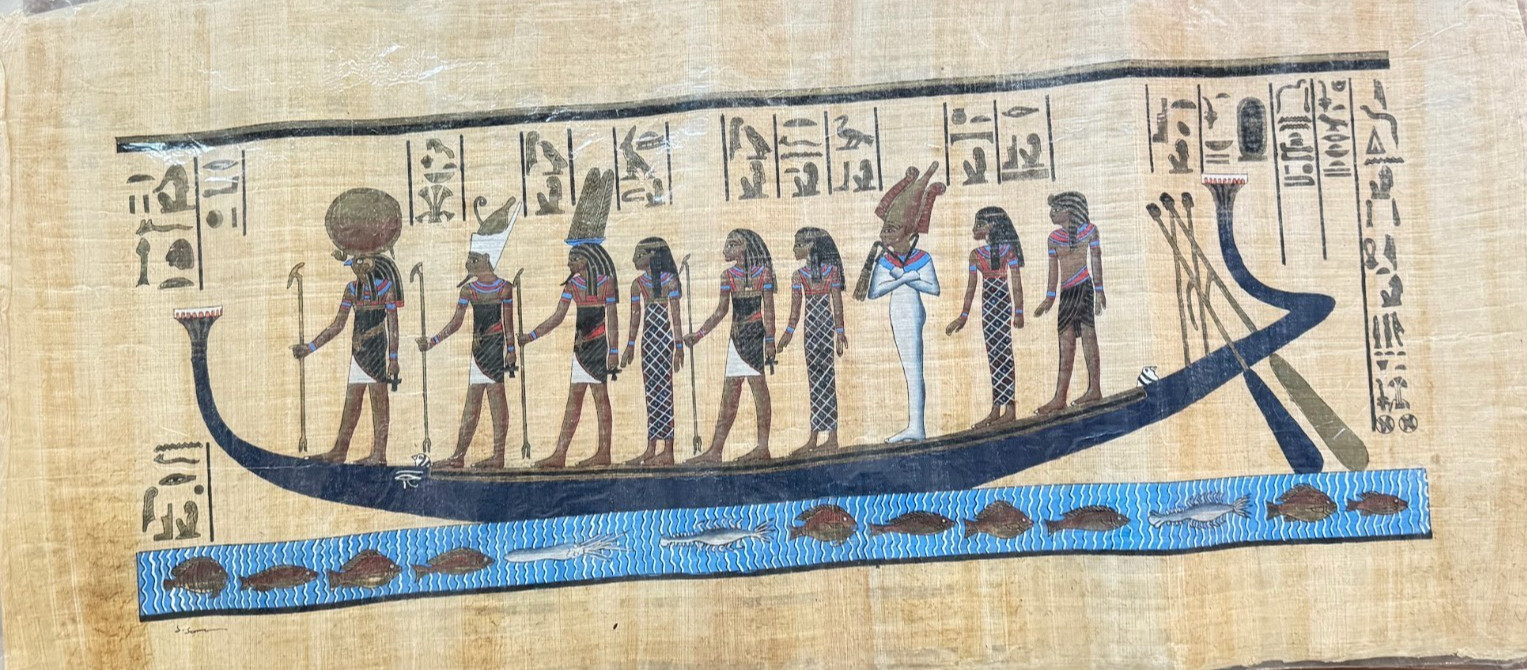 Large Egyptian Papyrus Painting 32x15 King Pharaoh Art Signed.