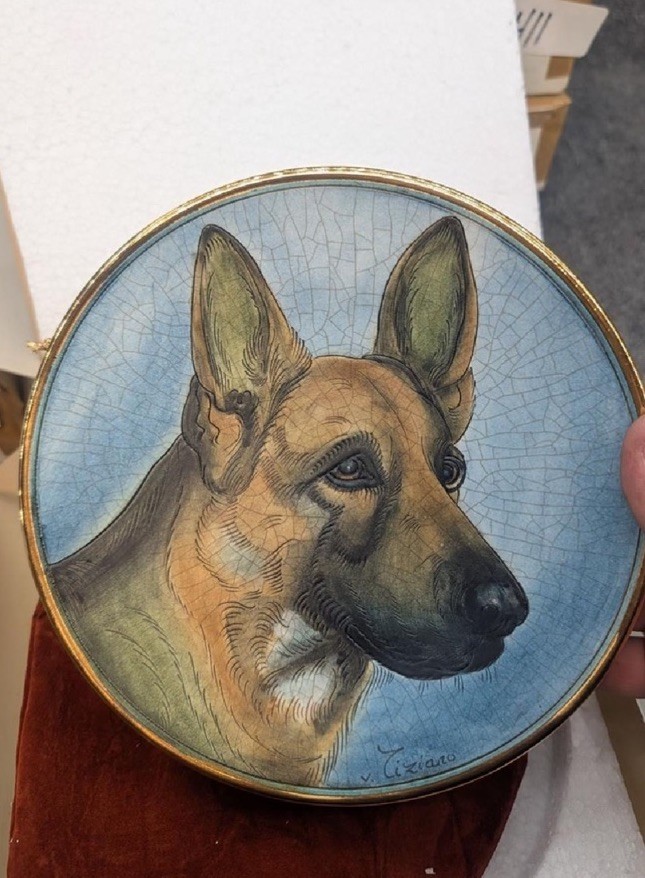 VTG 1972 Veneto Flair Italy German Shepherd Plate V Tiziano Crackle Glaze NOS