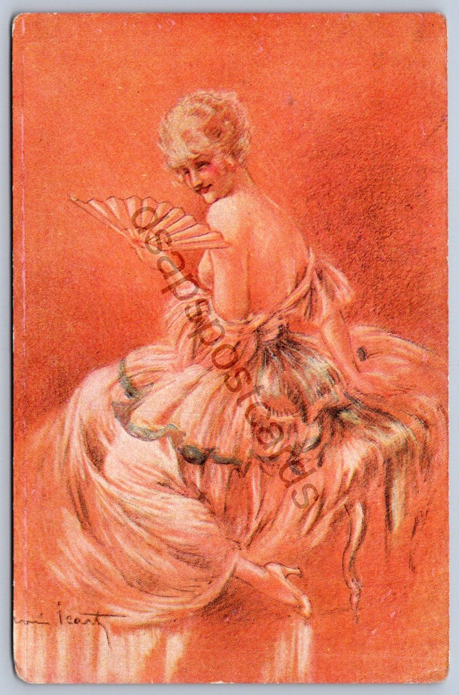 DS1/ Artist Signed Postcard c1910 Icart Woman Fan Art Deco 198