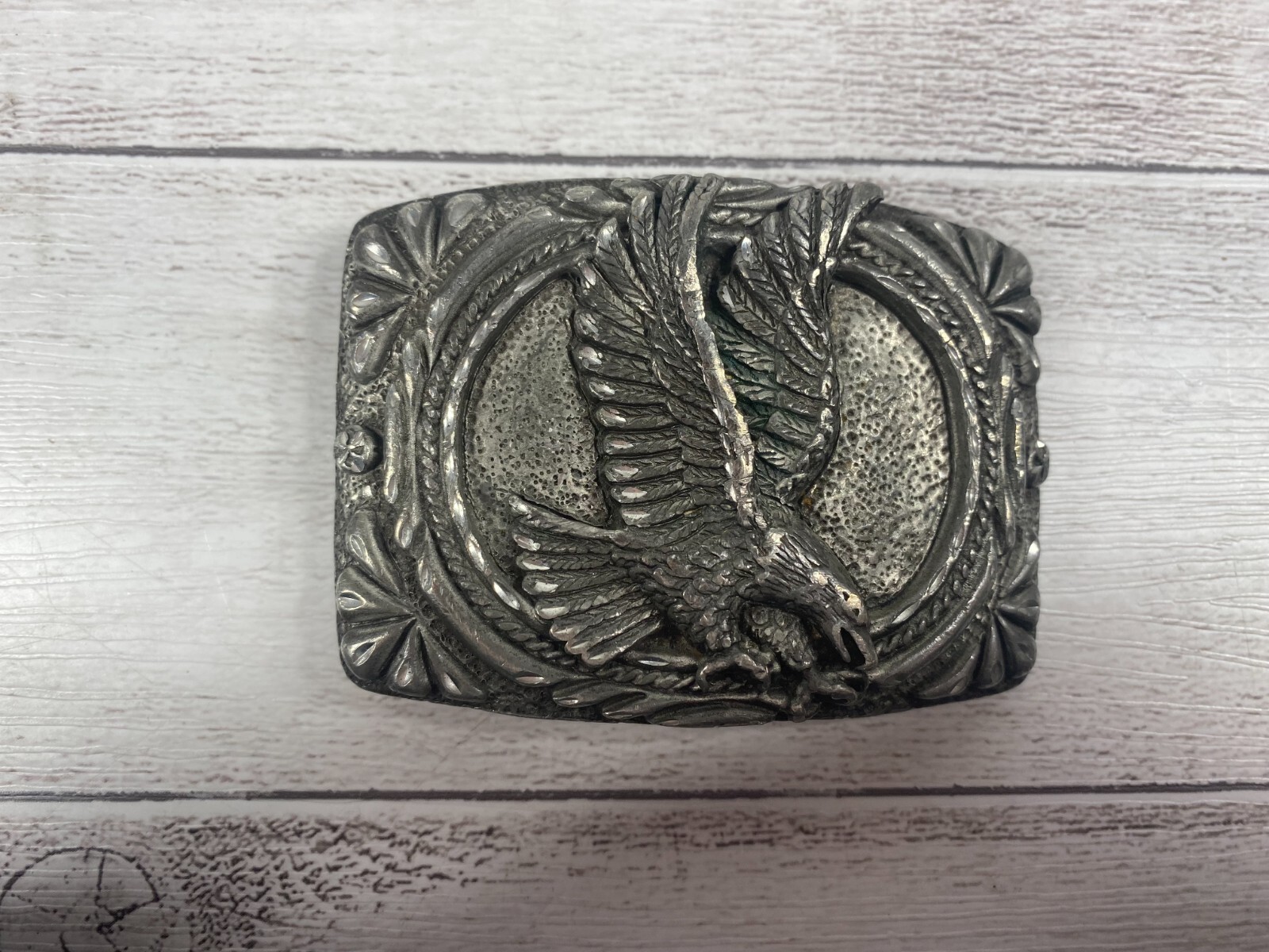Vintage Western Eagle Belt Buckle EGE 1993 USA Pewter Diamond Cut Cowboy