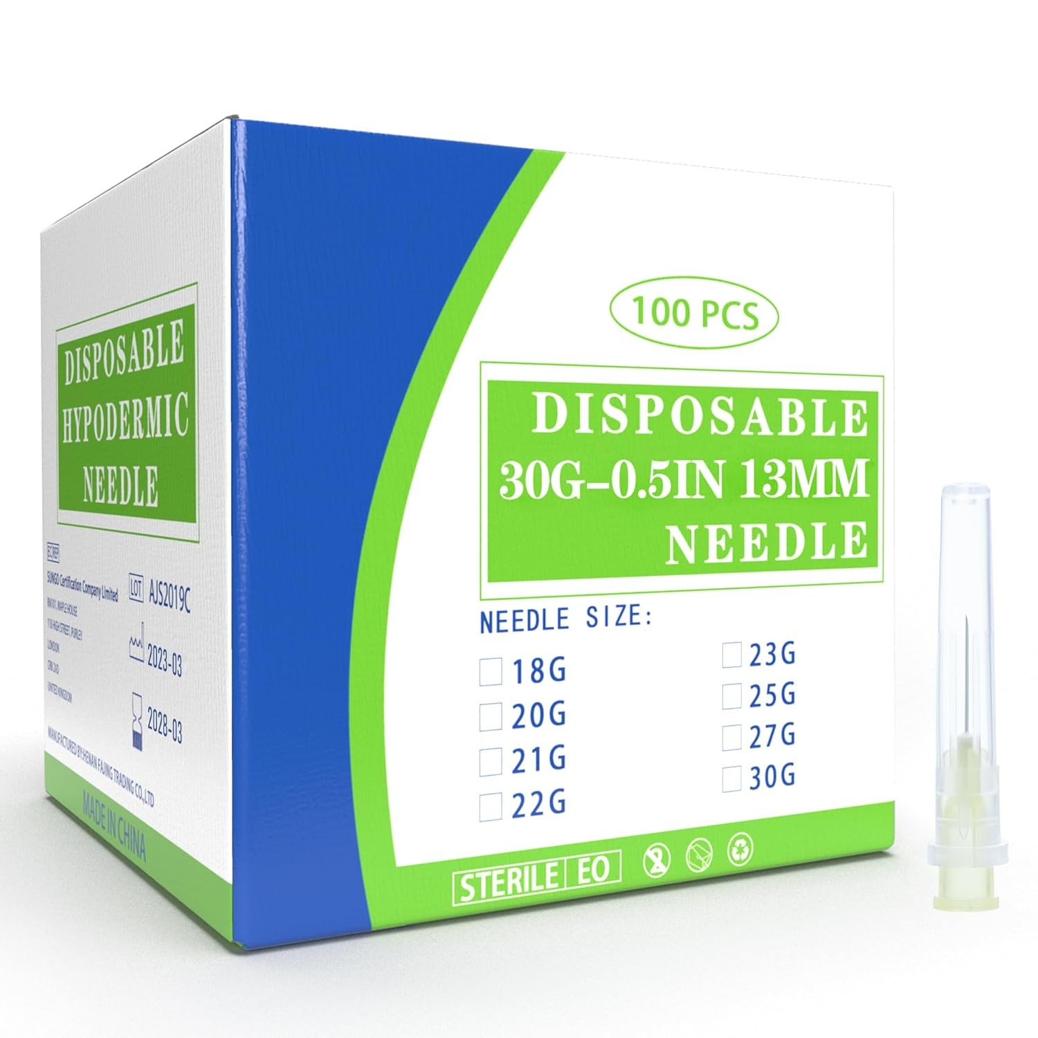 100 Pack 30 Ga 1/2 inch Disposable Needles with Caps for 30G 