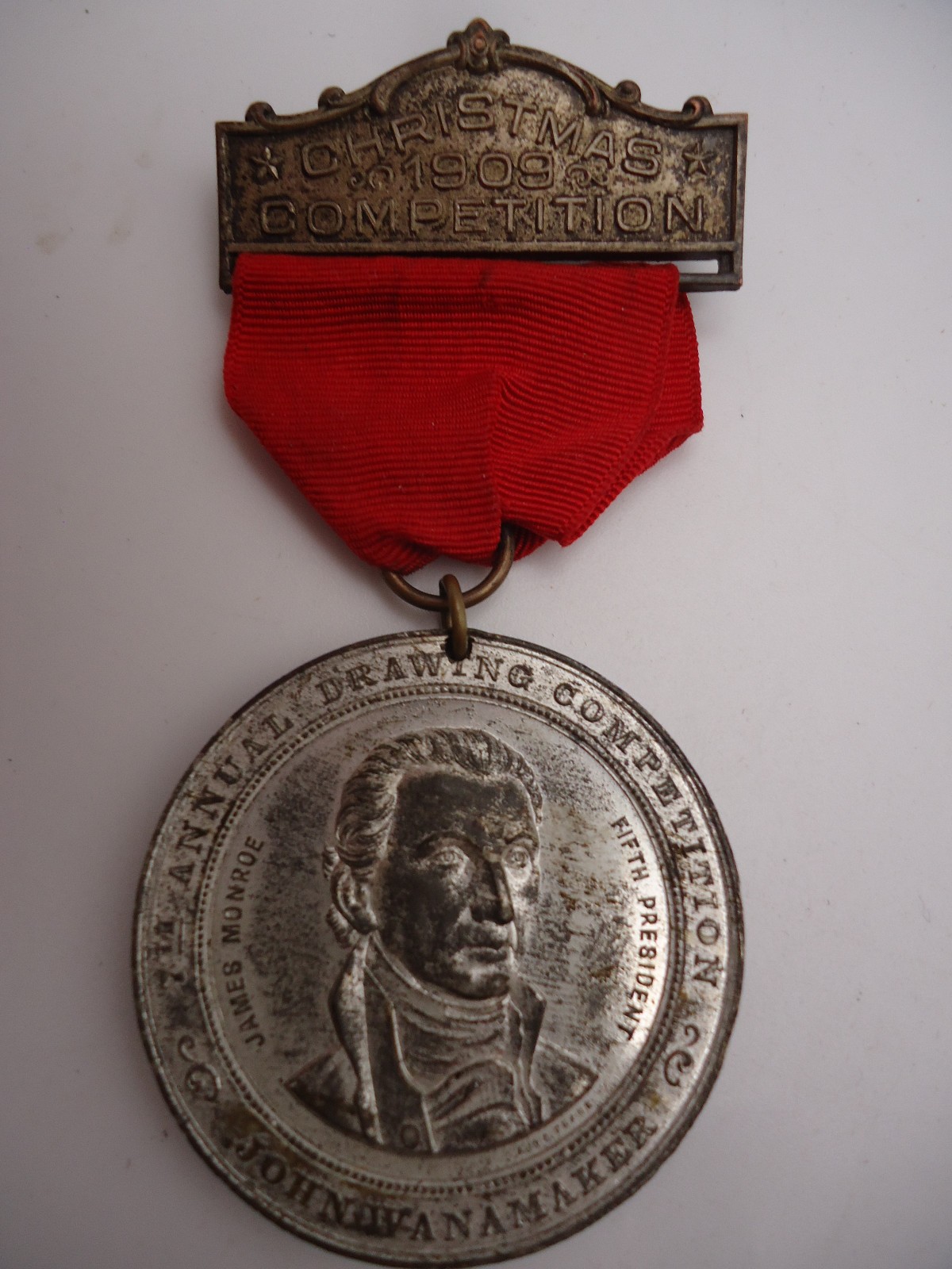 1909 John Wanamaker Childrens Christmas Drawing Competition Medal - James Monroe