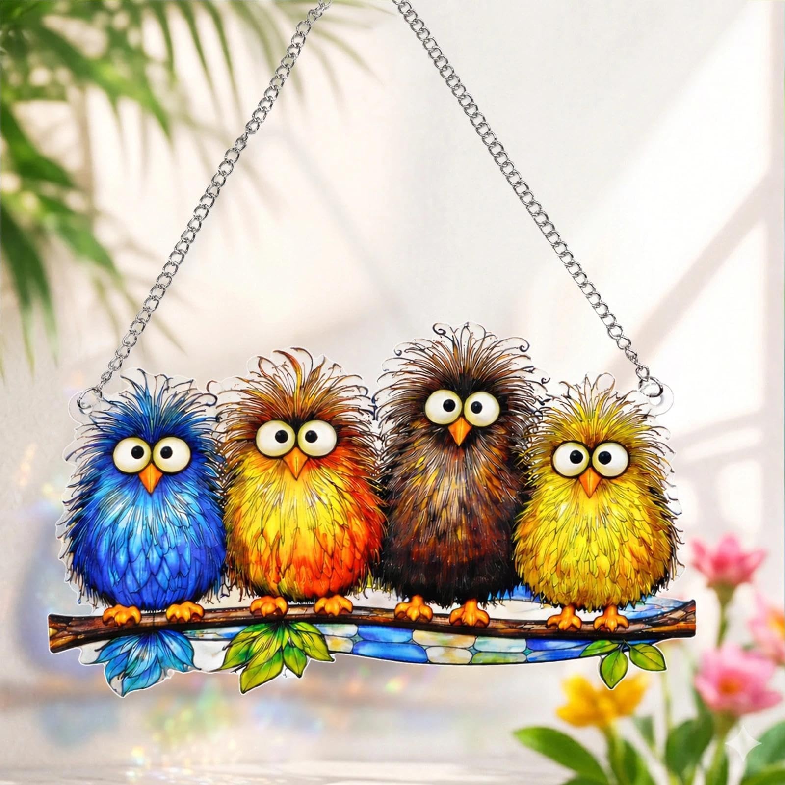 Stained Glass Window Hanging - Funny Fluffy Birds Suncatcher for Windows Door... Stained Glass Window Hanging - Funny Fluffy Birds Suncatcher for Windows Door...