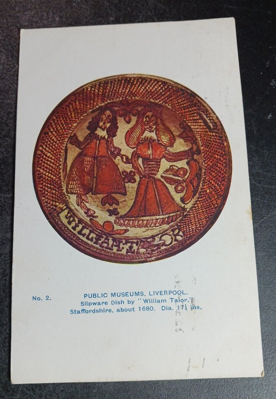 vtg postcard Slipware dish William Talor Staffordshire Liverpool Museum England