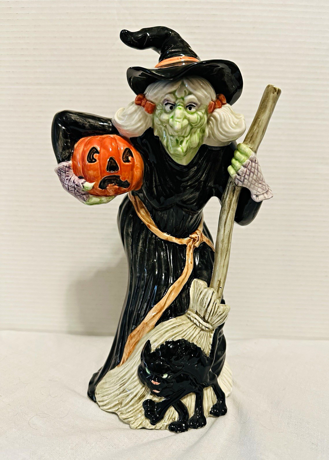 Fitz & Floyd 1988 Halloween Witch Pumpkin Black Cat Ceramic Vase Figurine 11”