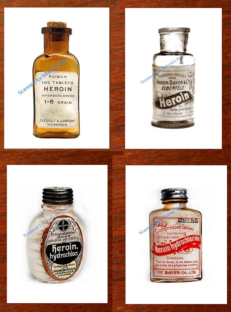 LOT of 4  Antique Heroin Medicine Bottle ((PHOTOS)) 1800s BAYER  Drugs Obsolete