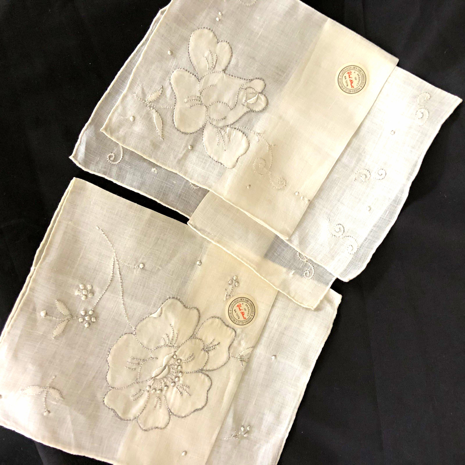 Set of 2 York Street Handkerchiefs Irish Linen Hand Embroidered New Vintage