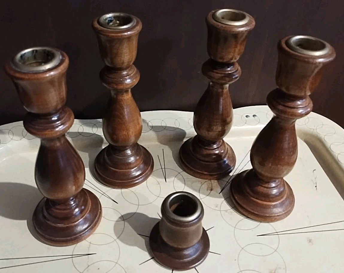 Vintage Wood Candleholders 7 Inch and 2 inch Set of 5 wedding candlesticks decor