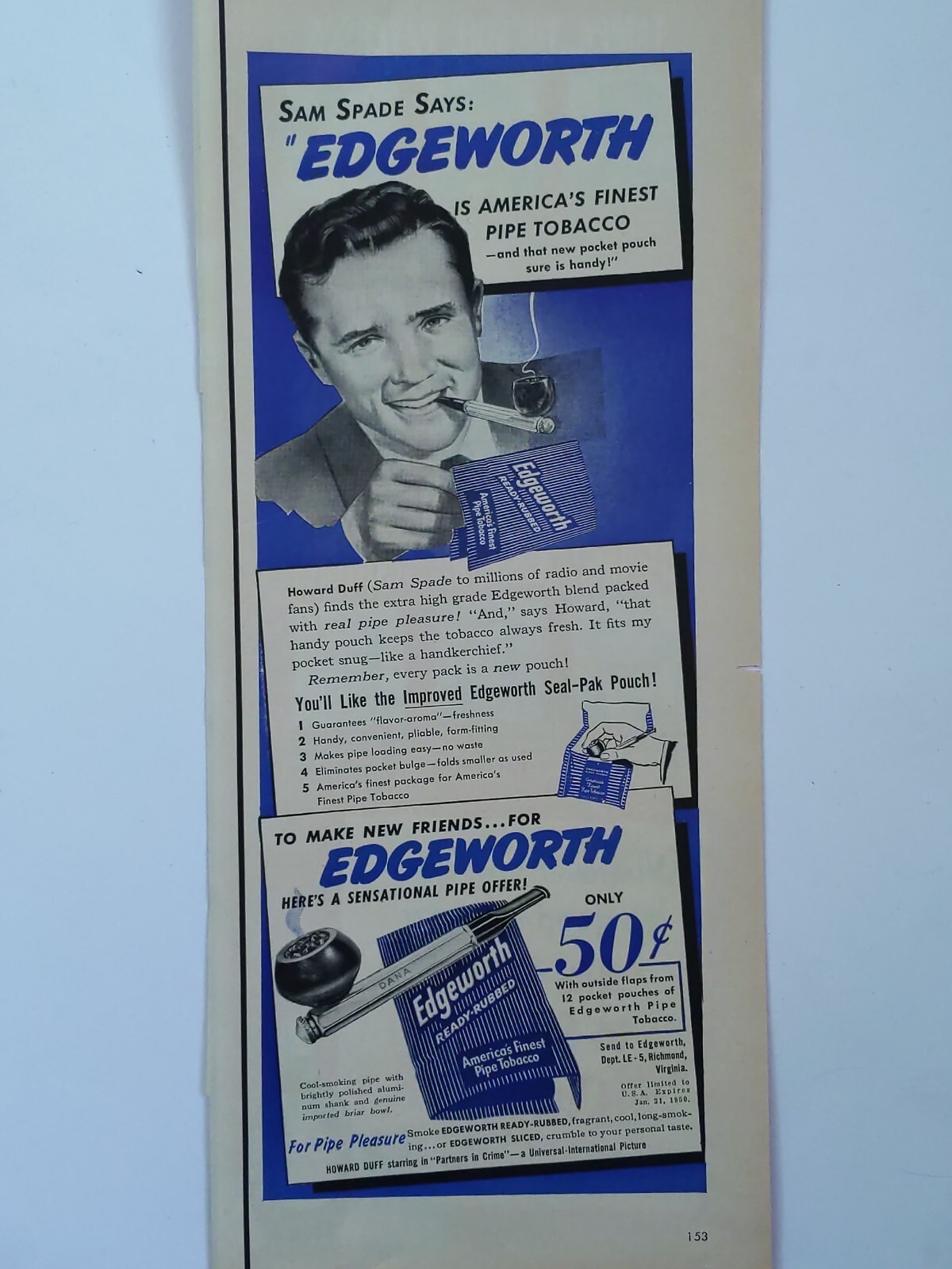 1949 Edgeworth pipe tobacco print ad. Featuring Sam Spade