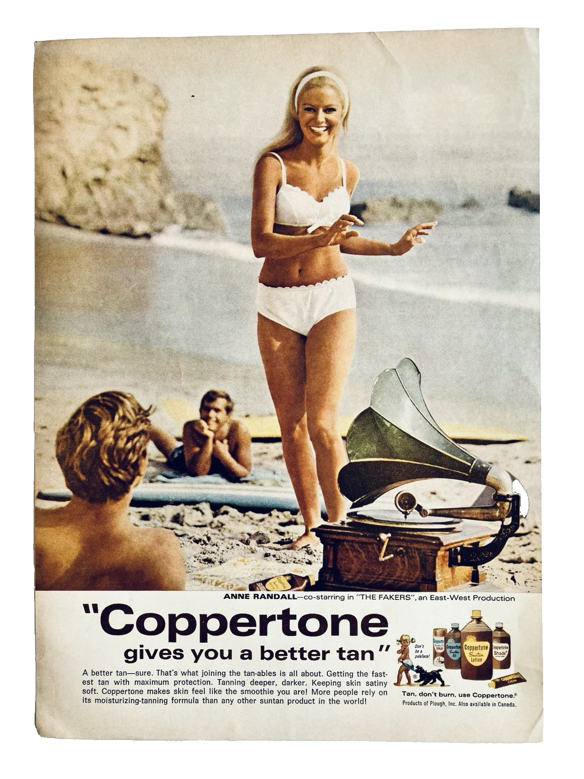 Coppertone Suntan Lotion 1968 Print Ad Beautiful Blonde White Bikini Victrola