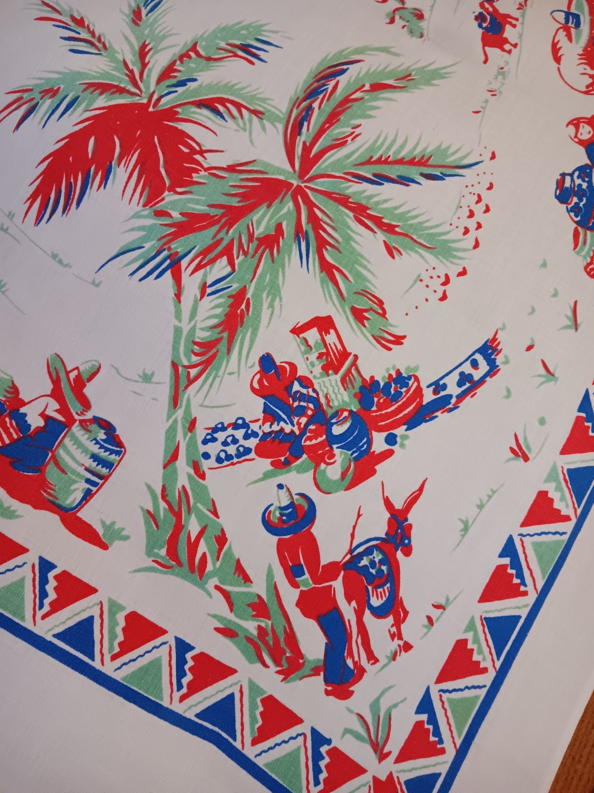 Vintage Mexican Tablecloth southwest donkey burros palmtrees Senoritas pottery