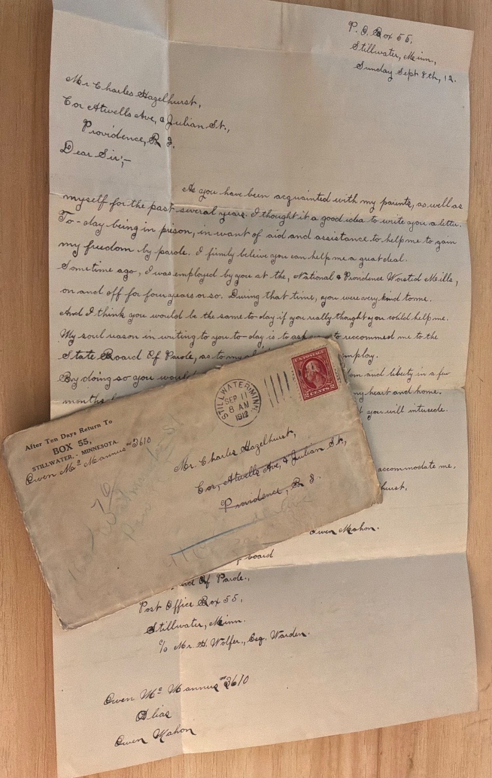 1912 letter requesting help with Parole, character witness, Stillwater , Minn. 1912 letter requesting help with Parole, character witness, Stillwater , Minn.