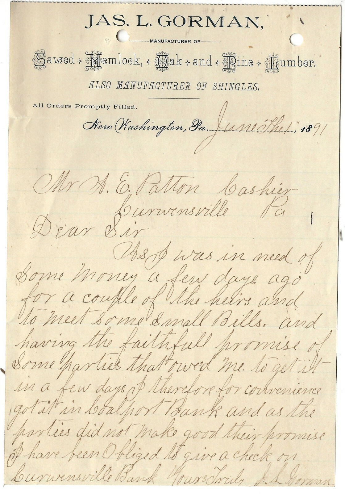 1891, Jas. L. Gorman, Lumber, New Washington, Pennsylvania, Coalport Bank Memo 1891, Jas. L. Gorman, Lumber, New Washington, Pennsylvania, Coalport Bank Memo