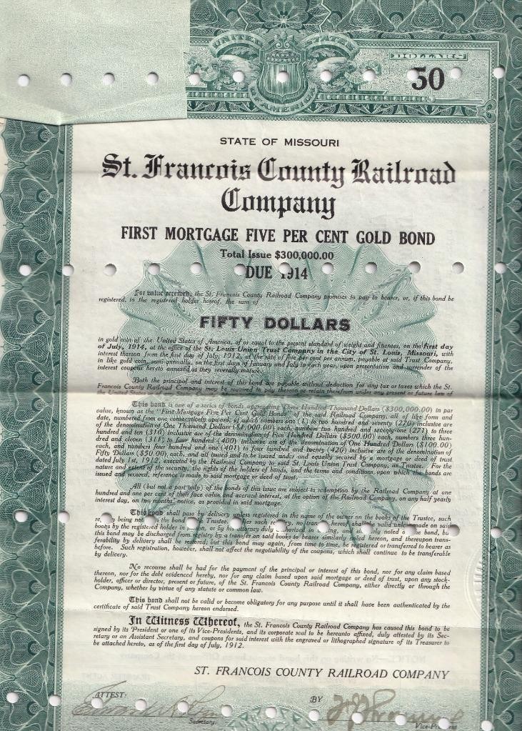 1912 St. Francois  County Railroad Company (Missouri)- $50 First Mortgage Bond
