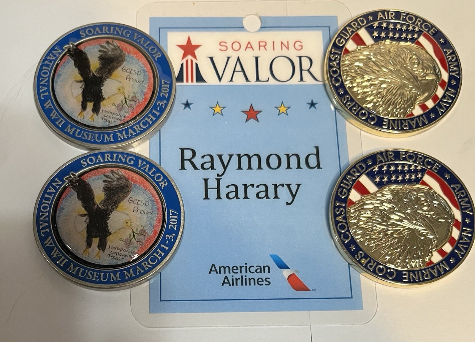 Soaring Valor, And American Airlines medals earned at Honor Flights.