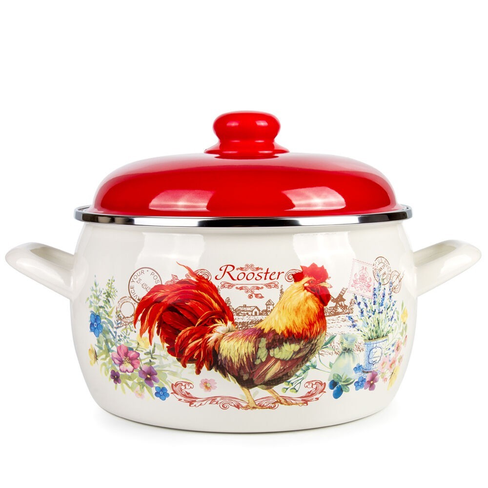 Metalac Red Rooster Vintage Style Enamel Stockpot with Lid Enameled Cooking Pot
