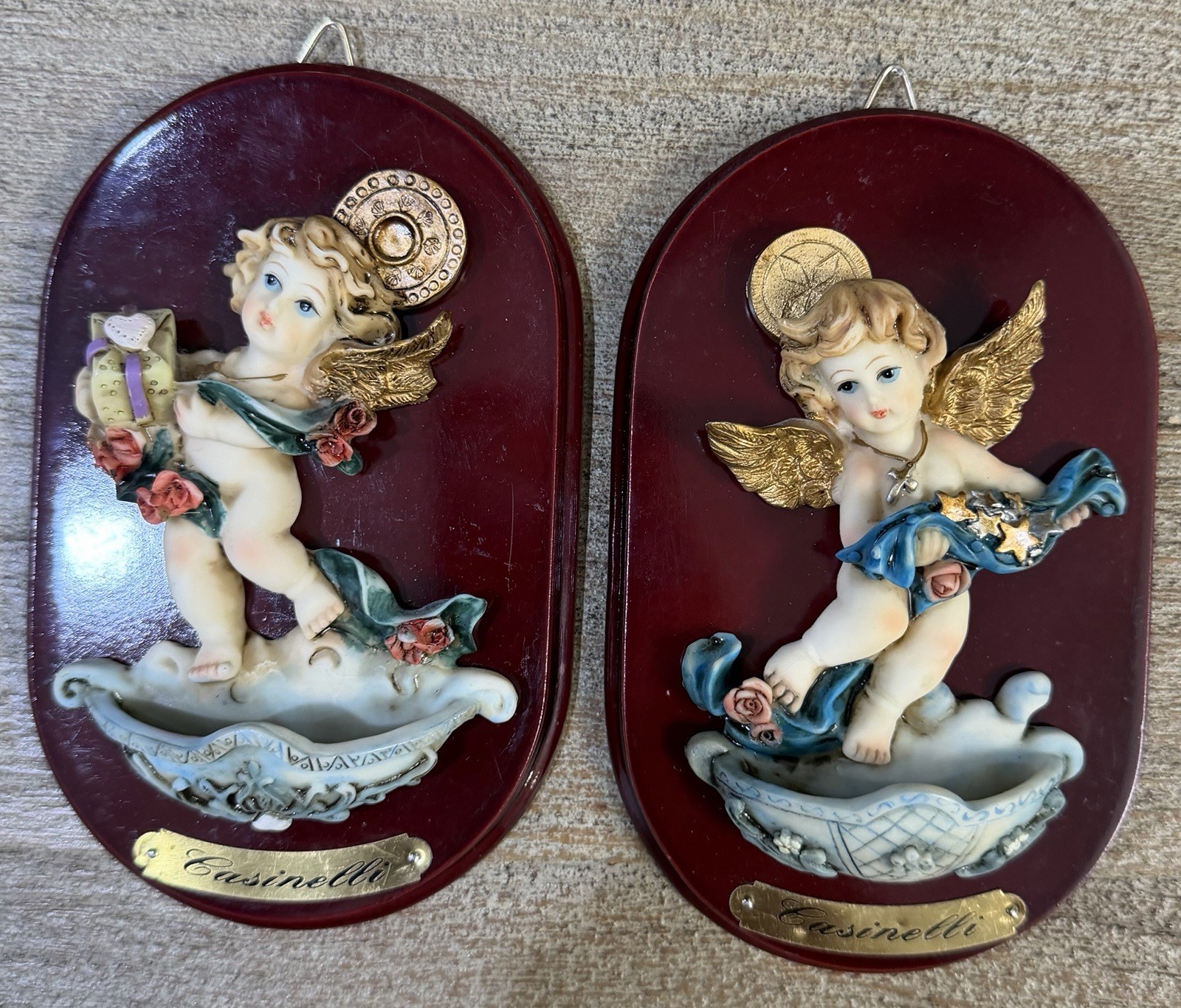 Casinelli Angel Cherub Oval Wall Plaques Set of 2 Burgundy Gold Wood Resin