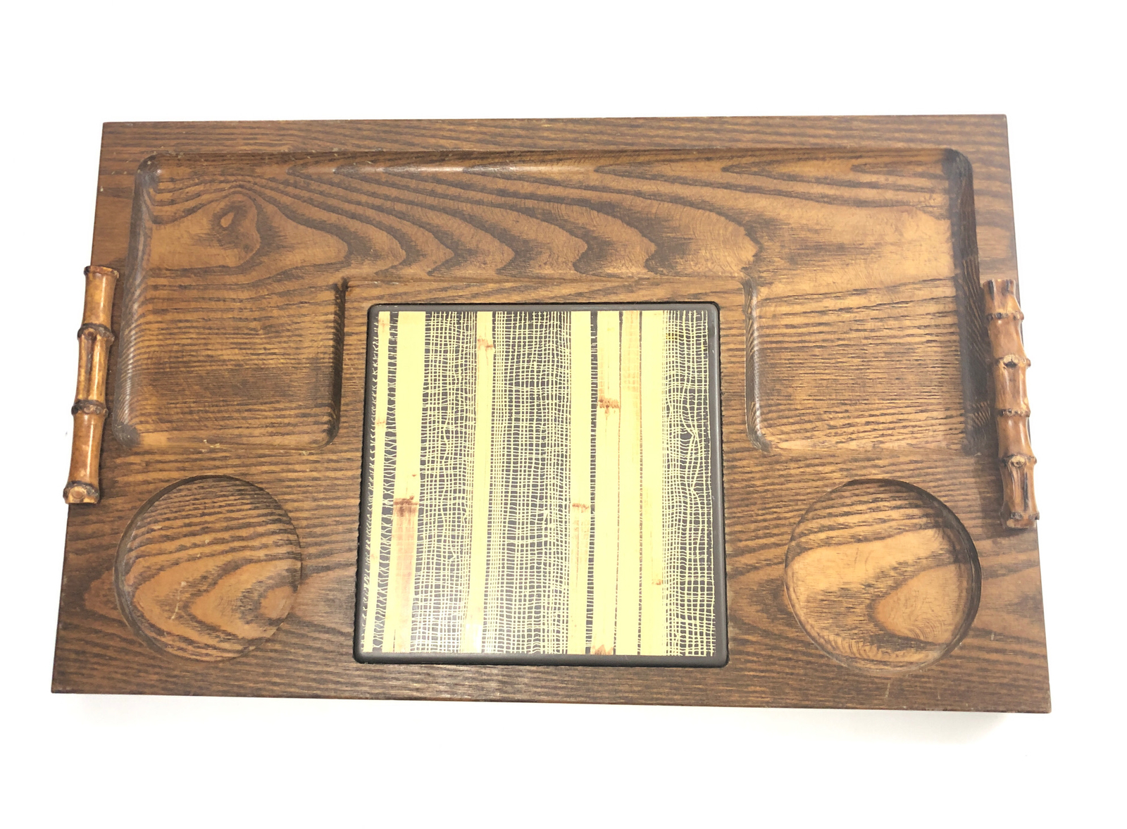 Vintage 70’s Divided Wood Serving tray W/Hot Plate Trivet. 16”x10” Bamboo Handle