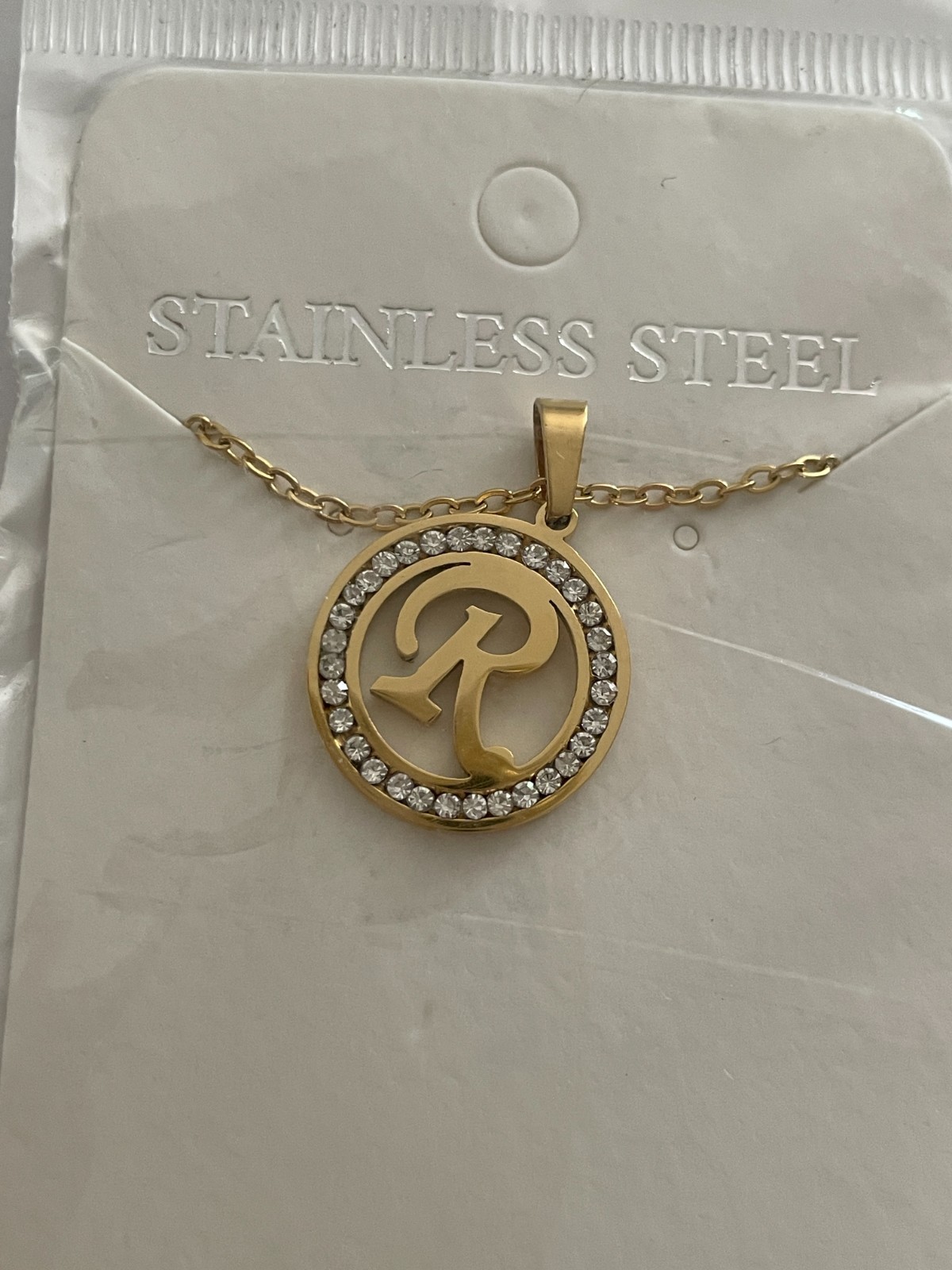 Initial R Pendant Necklace Gold Tone Rhinestone Necklace