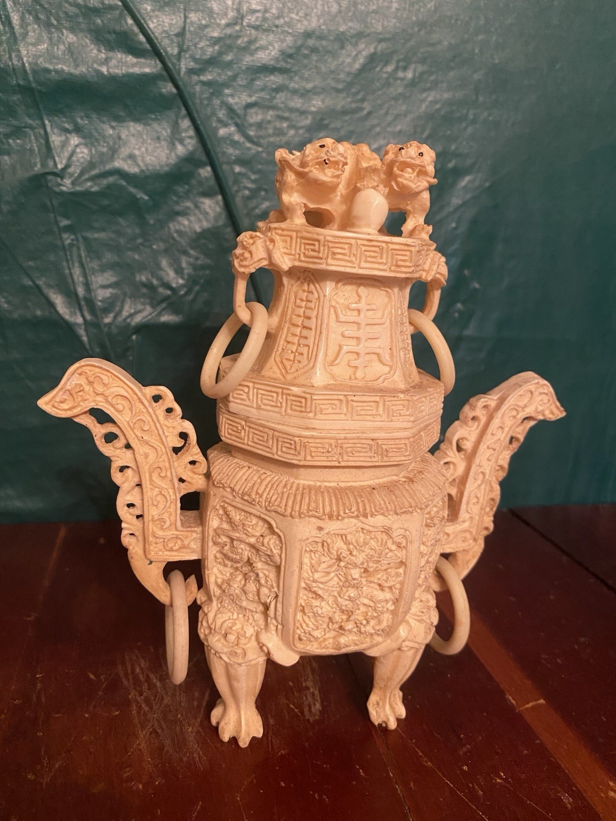 Vintage Chinese Faux Ivory Foo Dog Censer Urn Resin Carved Temple Decor 7.5 In