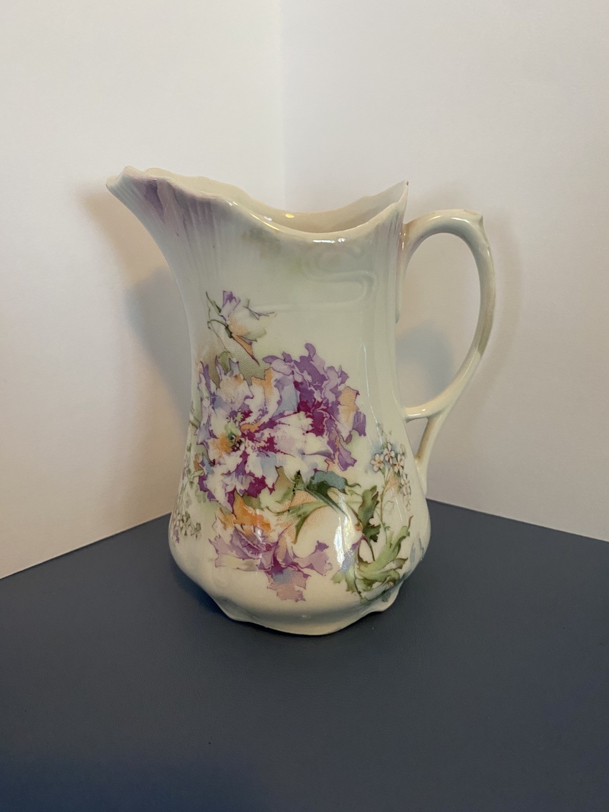 Vinatge Woolley White Porcelain Pitcher Fluted Neck Purple Floral Handpainted