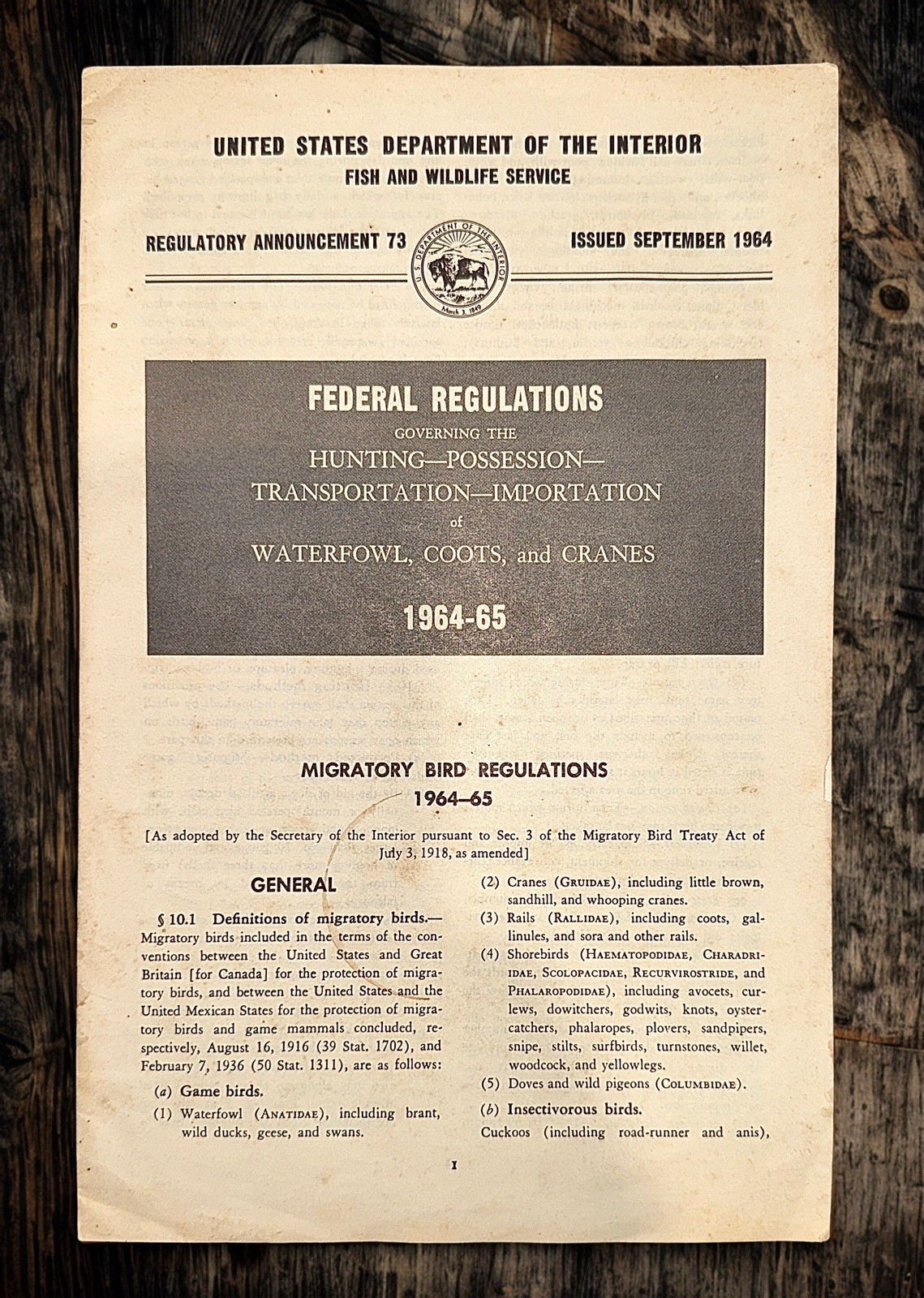 Vintage 1964-65 Migratory Bird Regulations Booklet - US Fish & Wildlife Service