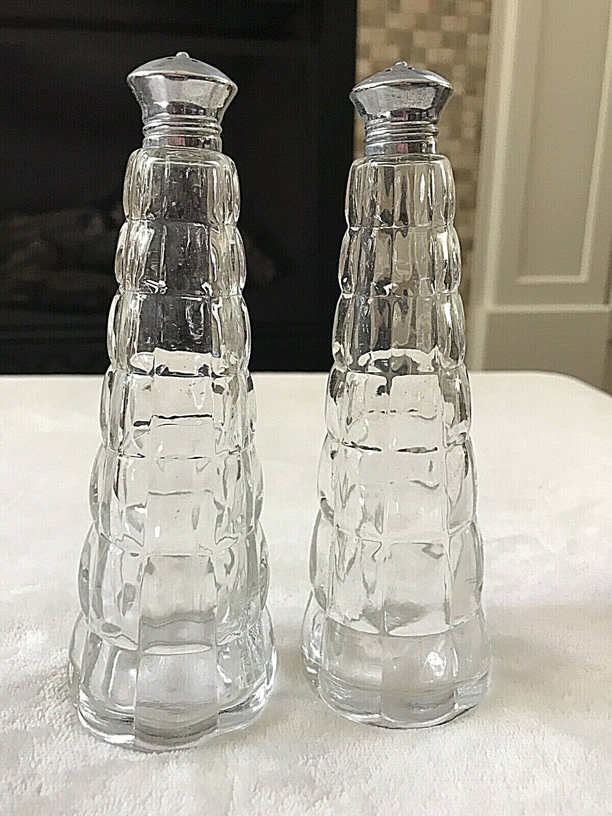 Vintage IRICE Tall Crystal Salt & Pepper Shakers Tapered Vertical Ribbed Japan