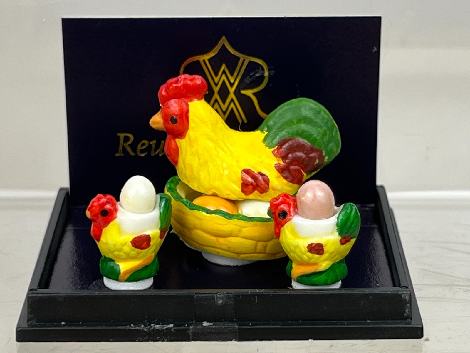 Reutter Porzellan 3-Piece Set -Miniature Rooster Egg Cups and Cozy for Dollhouse