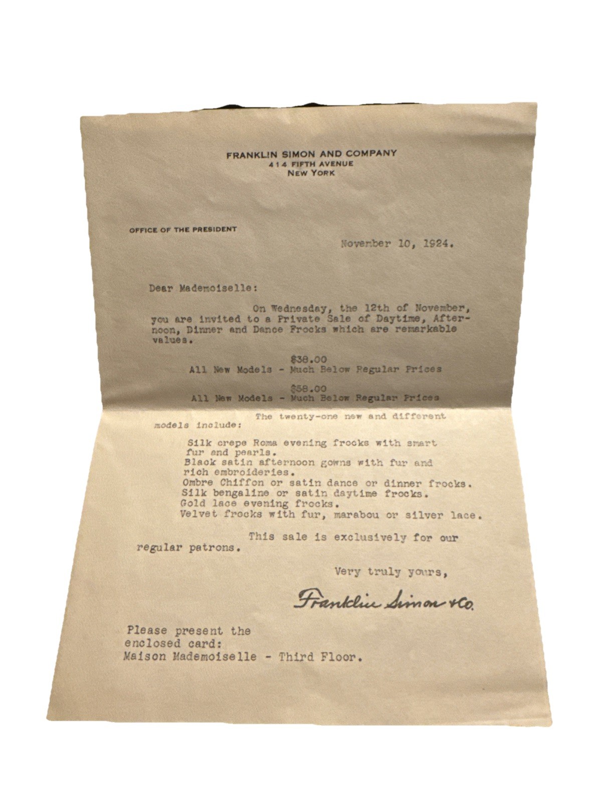 Franklin Simon & Company Letter To Mademoiselle About Sale of Frocks Dated 1924