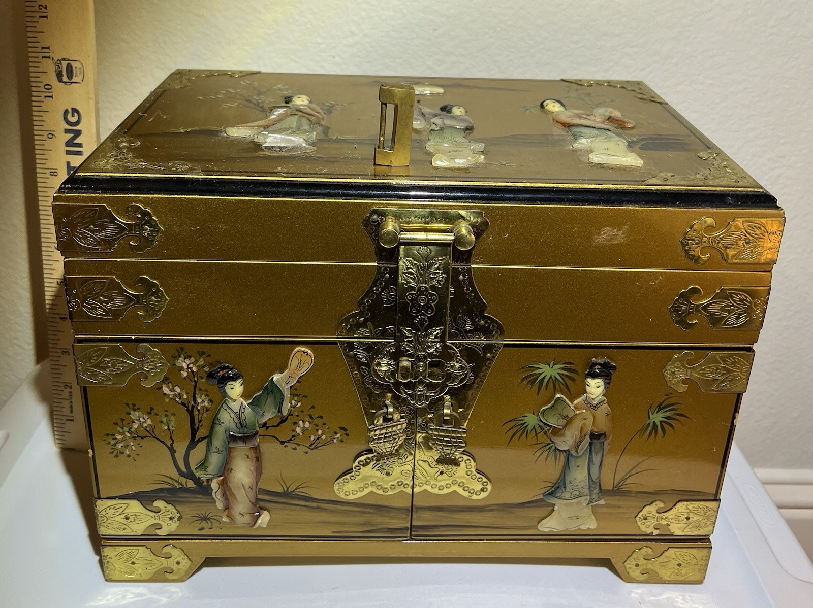Vintage Chinese Gold Lacquer Jewelry Box, Red Silk Lining H 10” L 14” W 9” 