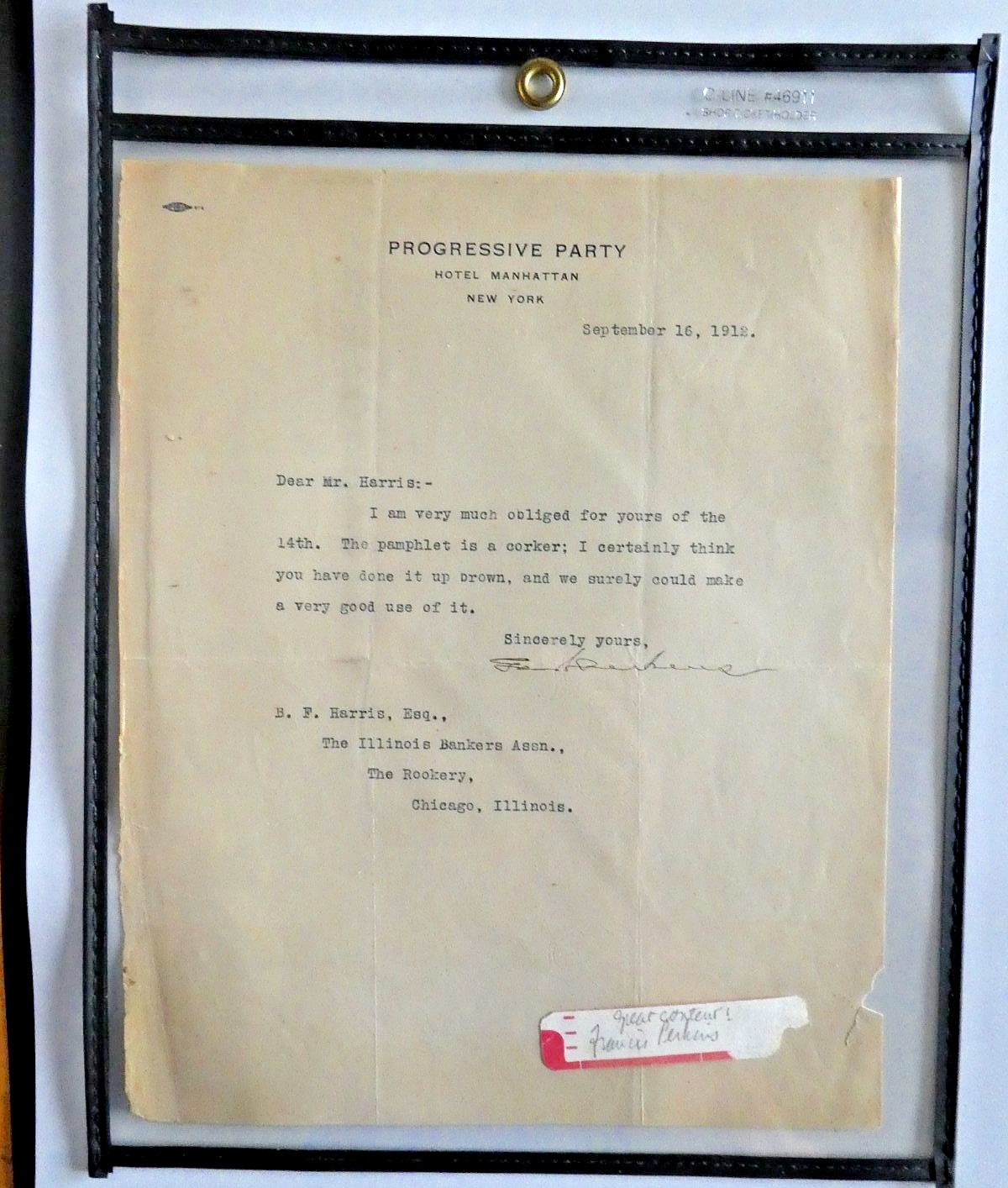 George Perkins SIGNED letter to B.F. Harris Illinois Progressive Party 1912 NY