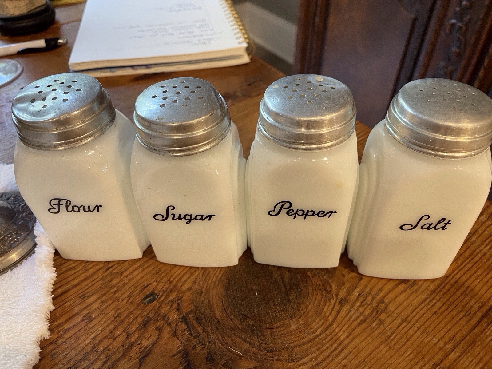 White Antique McKee Roman Arch Salt, Pepper, Flour, Sugar White Antique McKee Roman Arch Salt, Pepper, Flour, Sugar