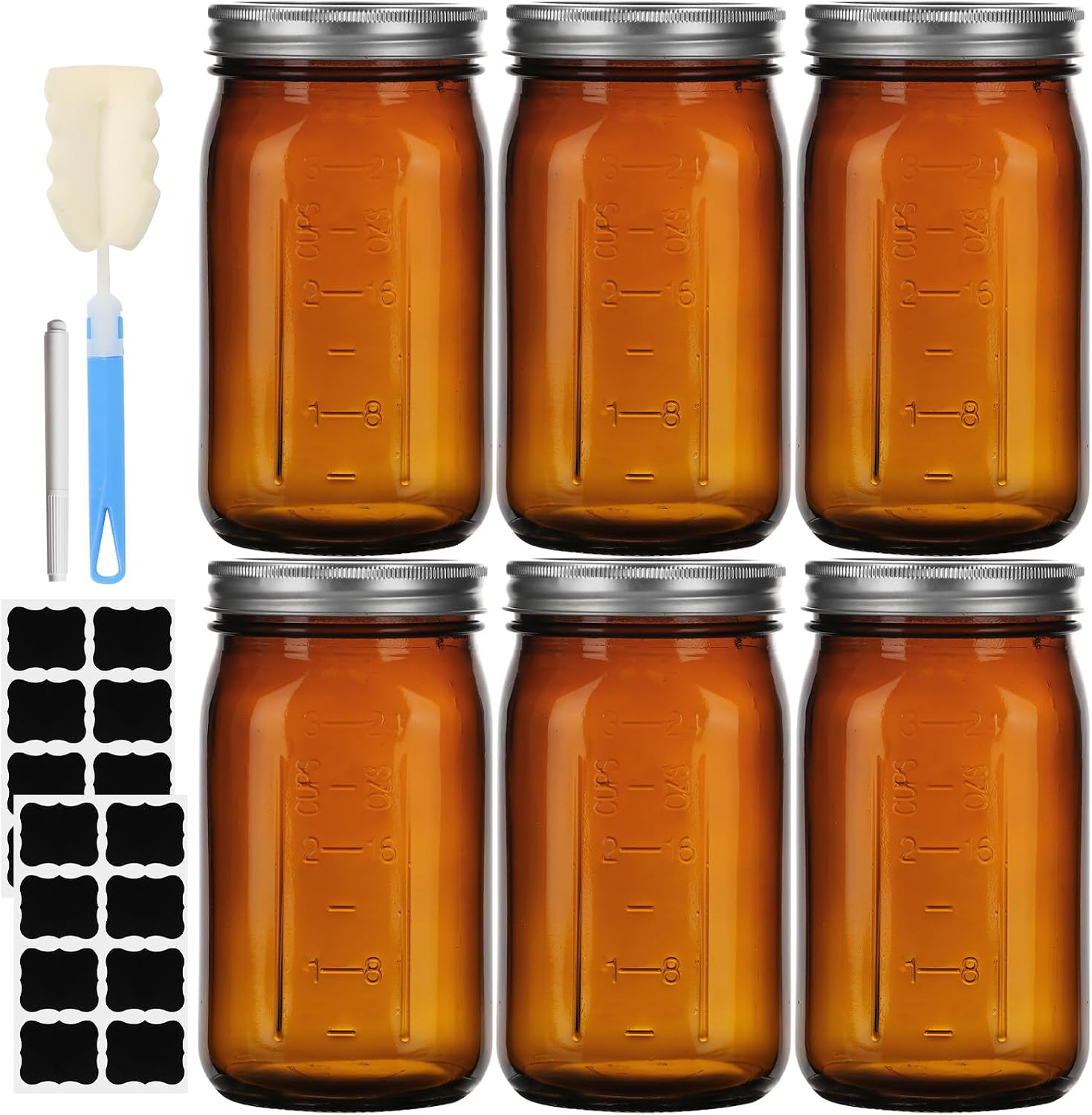 32 Oz Amber Glass Mason Jars 6 Pack, Wide Mouth Airtight Lids with Bands | 32 Oz Amber Glass Mason Jars 6 Pack, Wide Mouth Airtight Lids with Bands |