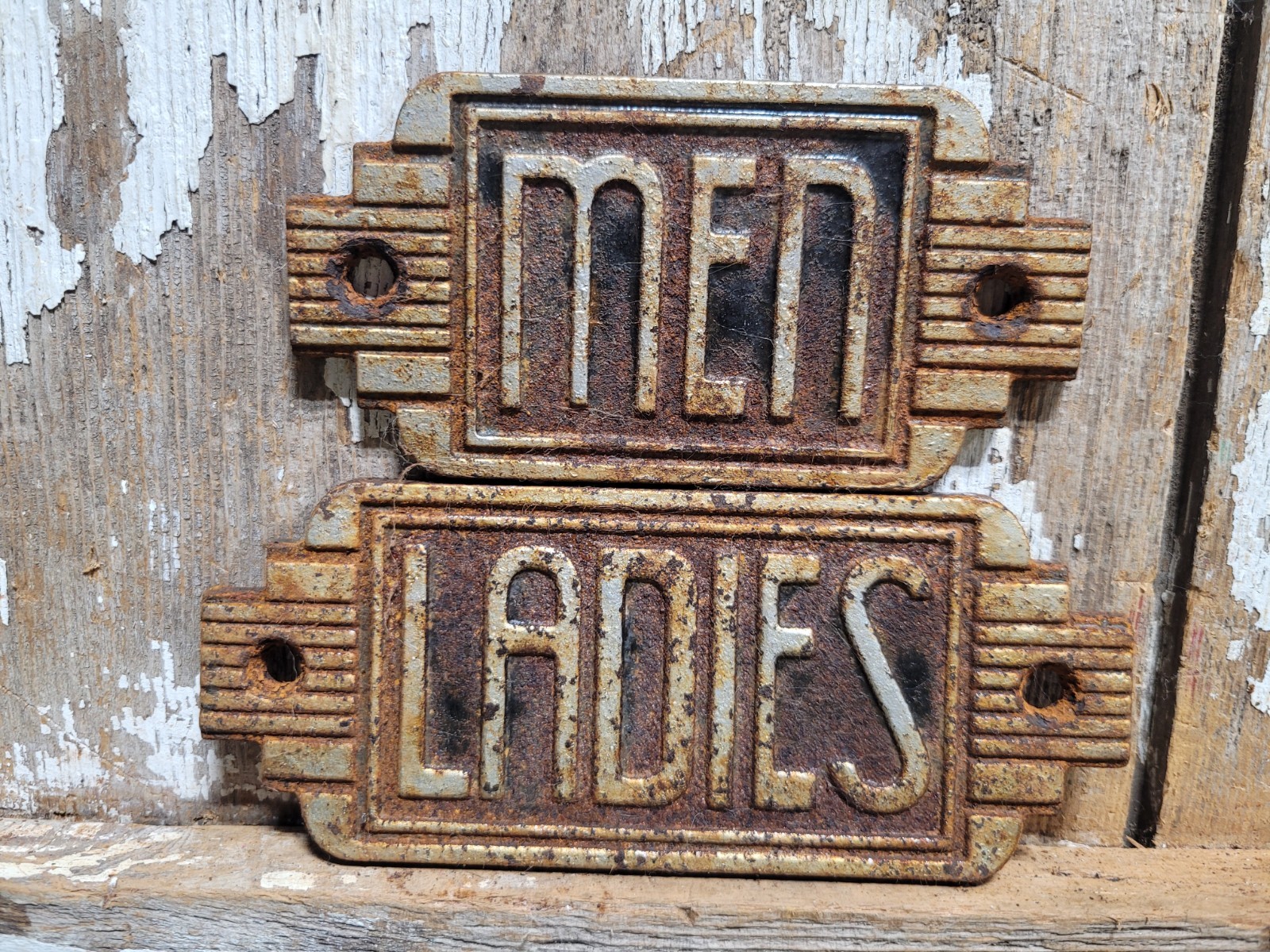 VINTAGE ART DECO RESTROOM SIGN MENS LADIES CAST IRON BAR RESTAURANT TOILET PAIR