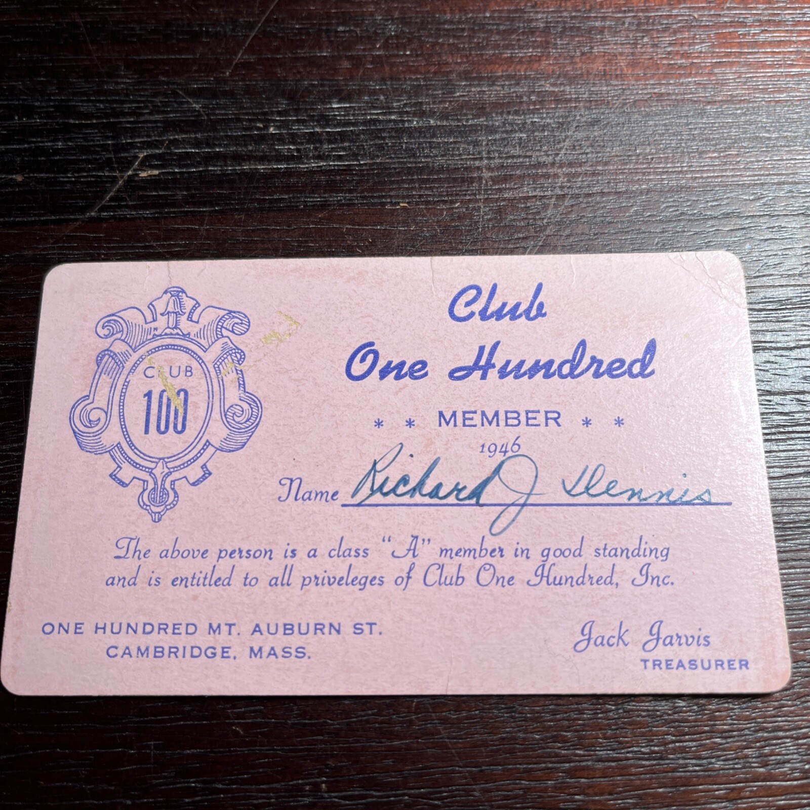 1946 RARE Club One Hundred Harvard Square Cambridge MA Massachusetts Member Card