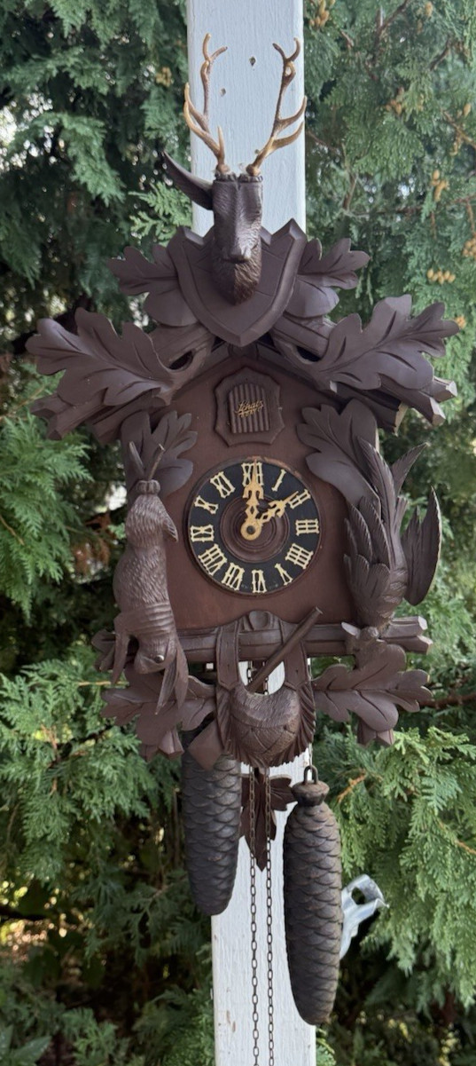Antique C 1940s Era SCHATZ German Hunter 8 Day Cuckoo Clock - SEE VIDEO
