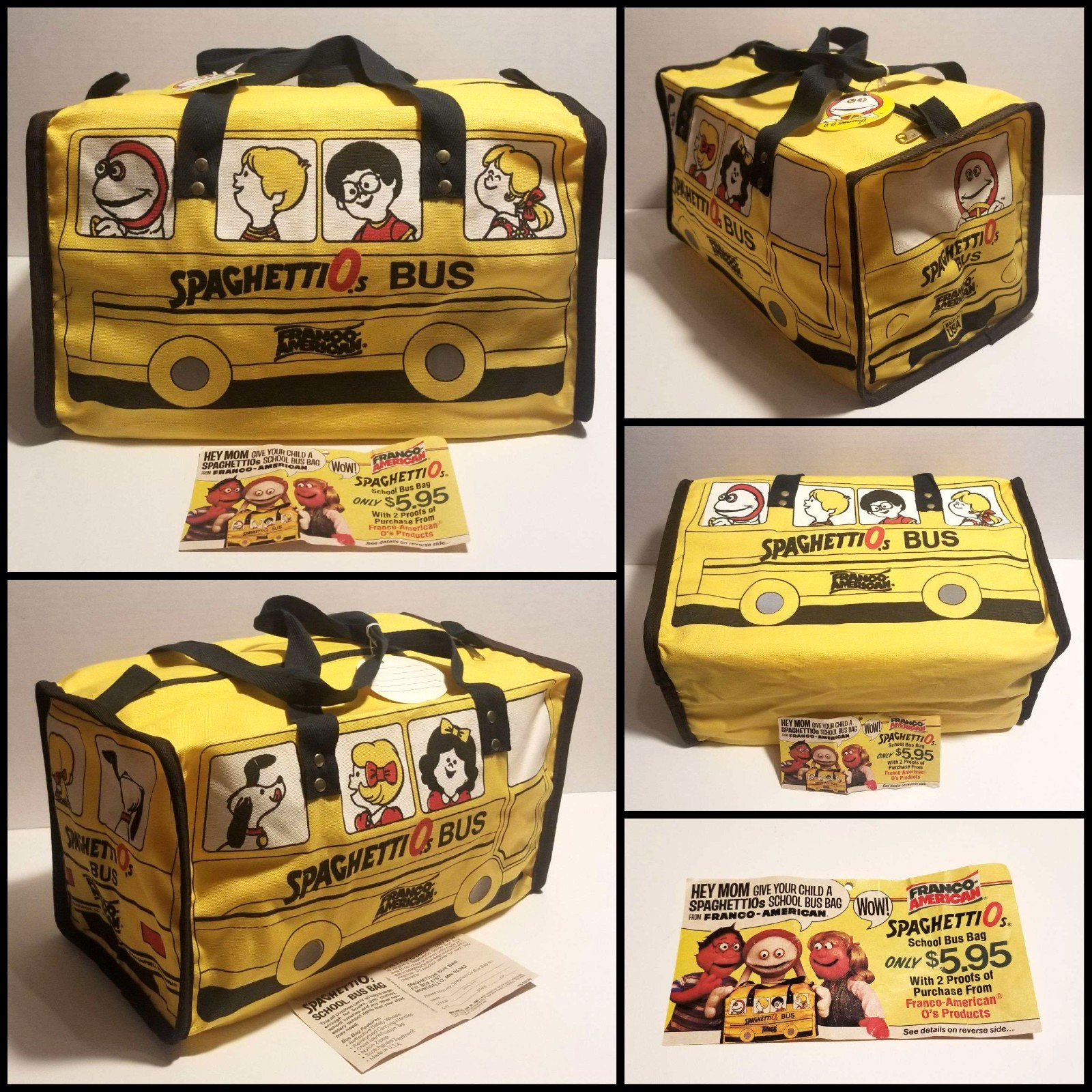 Unused 1984 Franco-American SpaghettiOs School Bus Bag Reflective Wheels Vintage