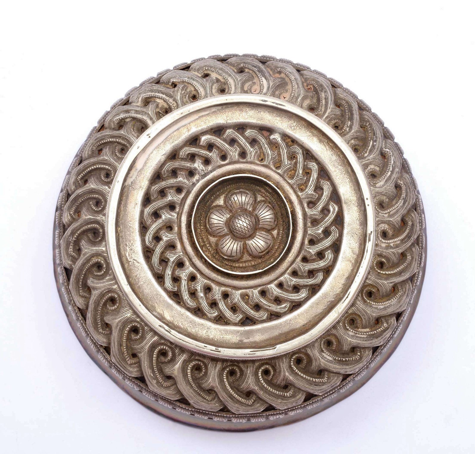 1960\'s Chinese Tibetan Tibet Silver Repousse Burl Wood Mounted Tea Bowl