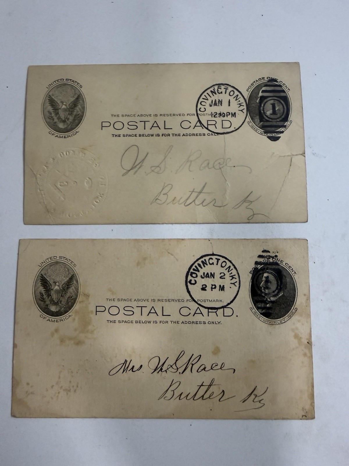2 Antique 1906 US Postal Cards Covington KY Butler Kentucky Handwritten Ephemera