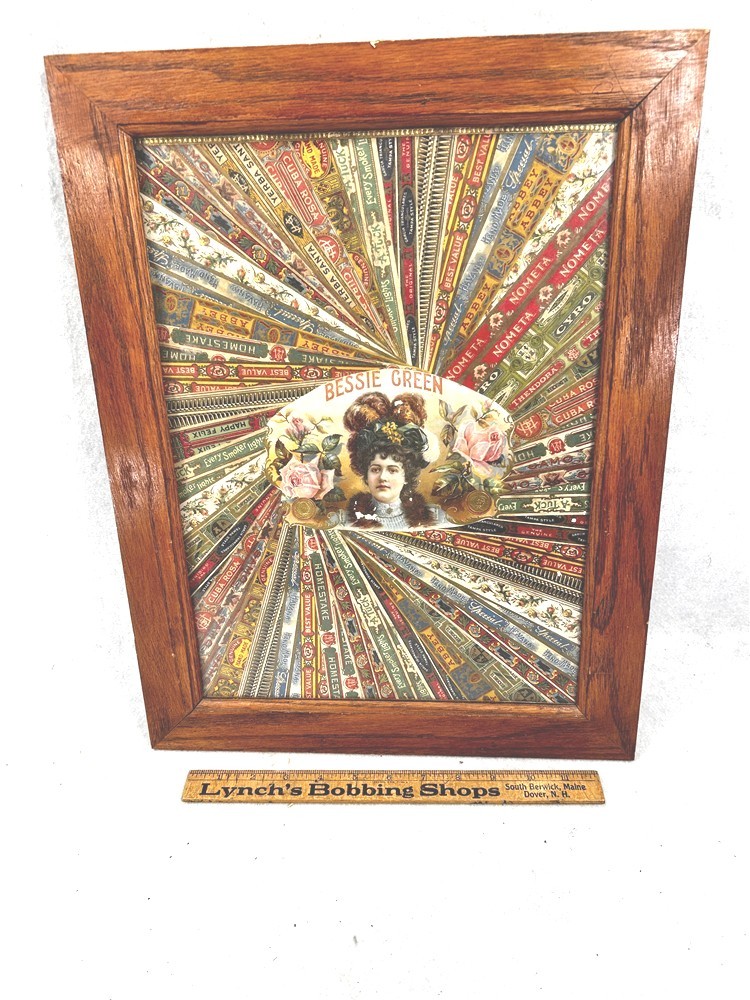 antique cigar box liner ribbon labels framed collage 19x14 decorative art 1890