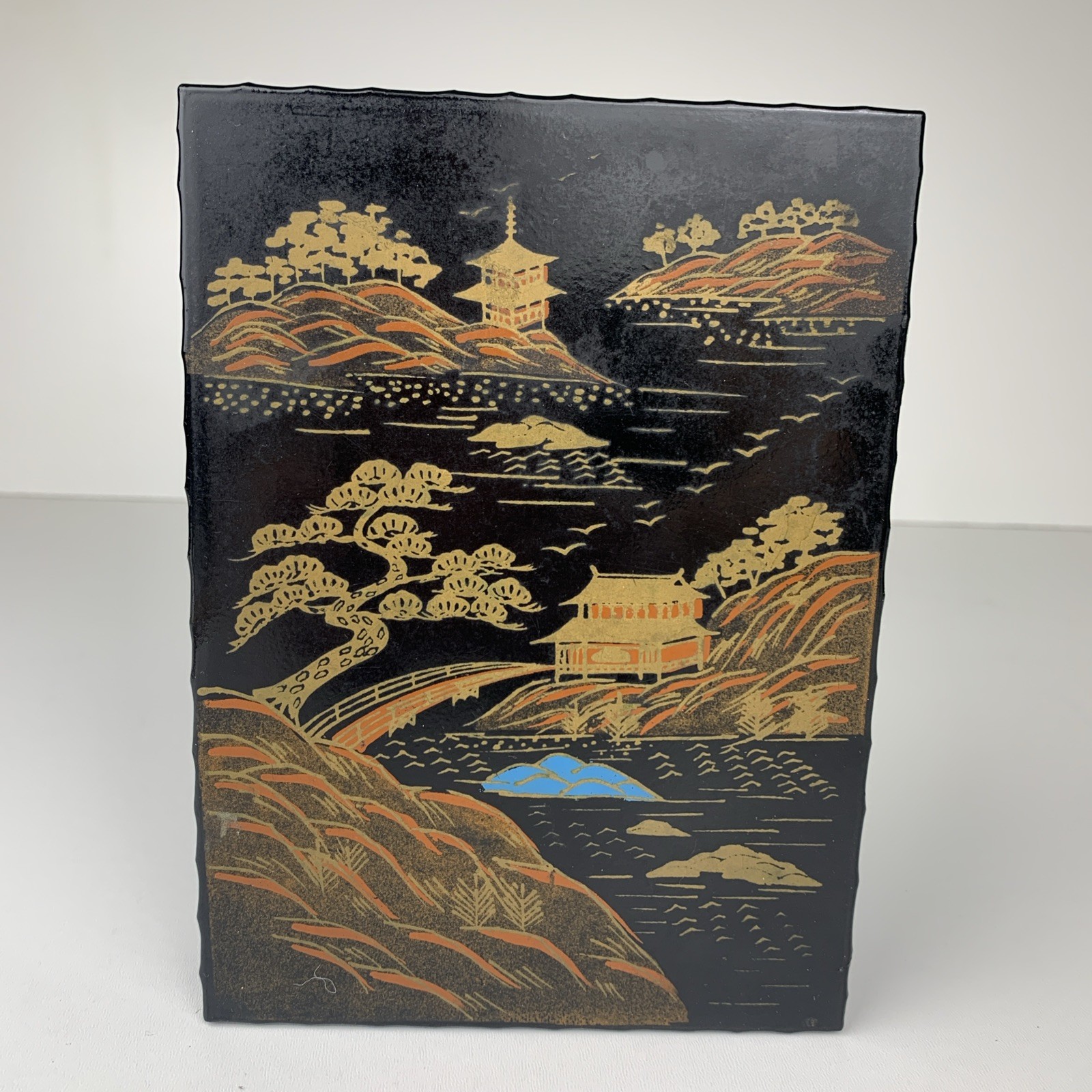 Vintage Japan Lacquer Trinket Jewelry Box P. Shine Co. Black Gold Blue