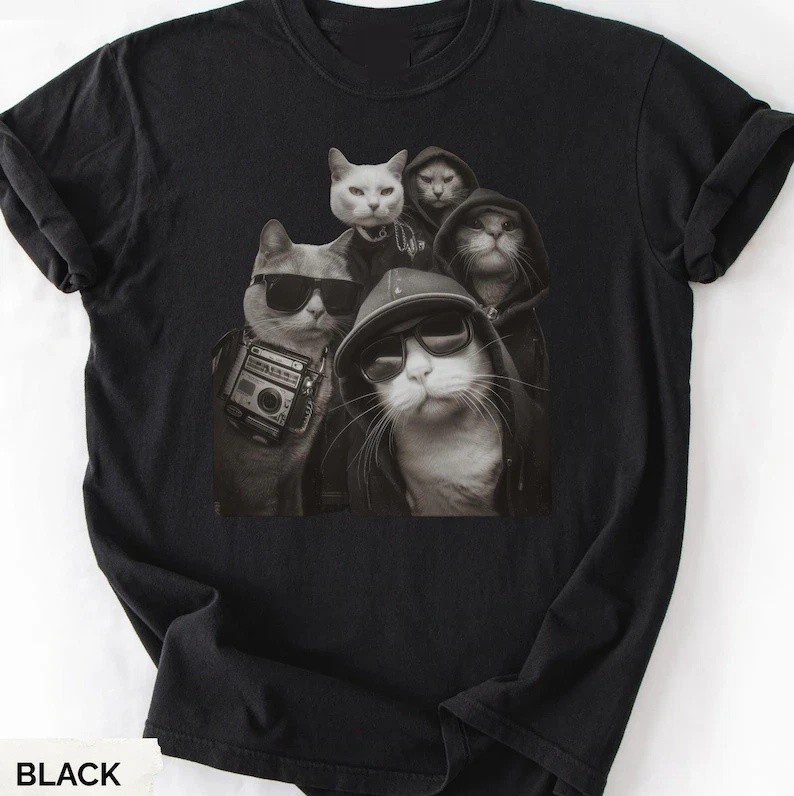 Cool Cats Graphic T-Shirt Meme Design Funny Gang Cat Lover Gift Black Cotton