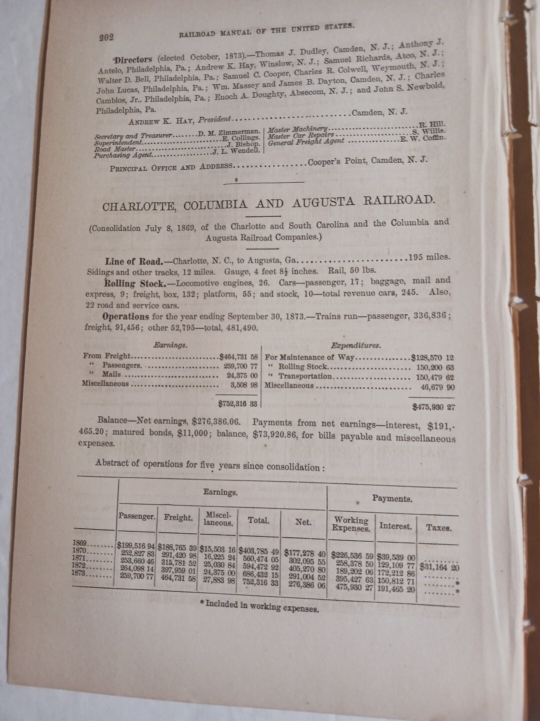 1875 Train Report Charlotte Columbia & Augusta Railroad North Carolina Georgia