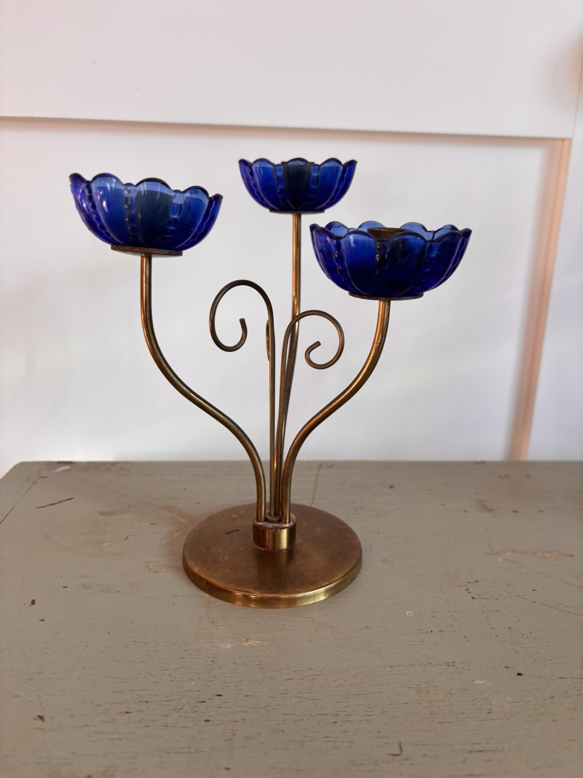 Vtg Gunnar Ander Sweden Brass Tri-candlestick holder with cobalt glass flowers