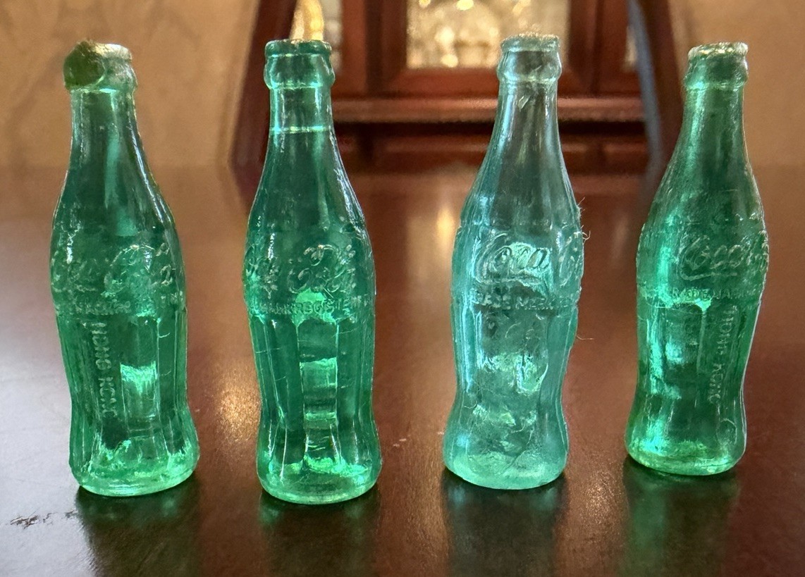 Lot Of 4 VTG Miniature Hard Plastic Coca-Cola Bottles Green Doll House Toy Barbi