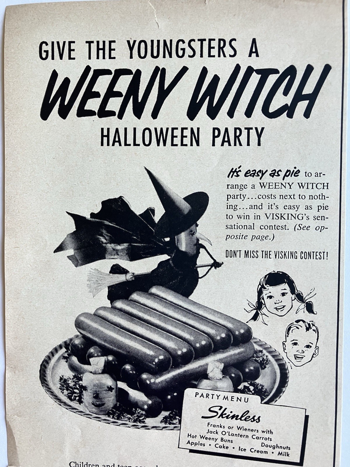 Vintage Halloween Advertising Print Ad Visking\'s Hot Dogs Weeny Witch Party