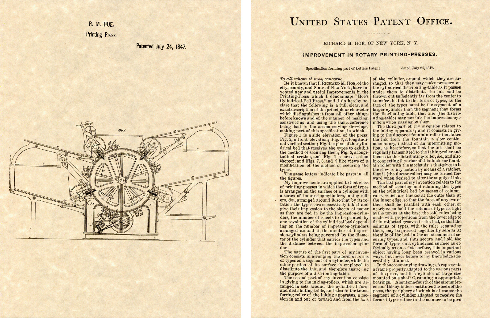 HOE PRINTING PRESS US PATENT Art Print READY TO FRAME Vintage 1847 Howe HOE PRINTING PRESS US PATENT Art Print READY TO FRAME Vintage 1847 Howe
