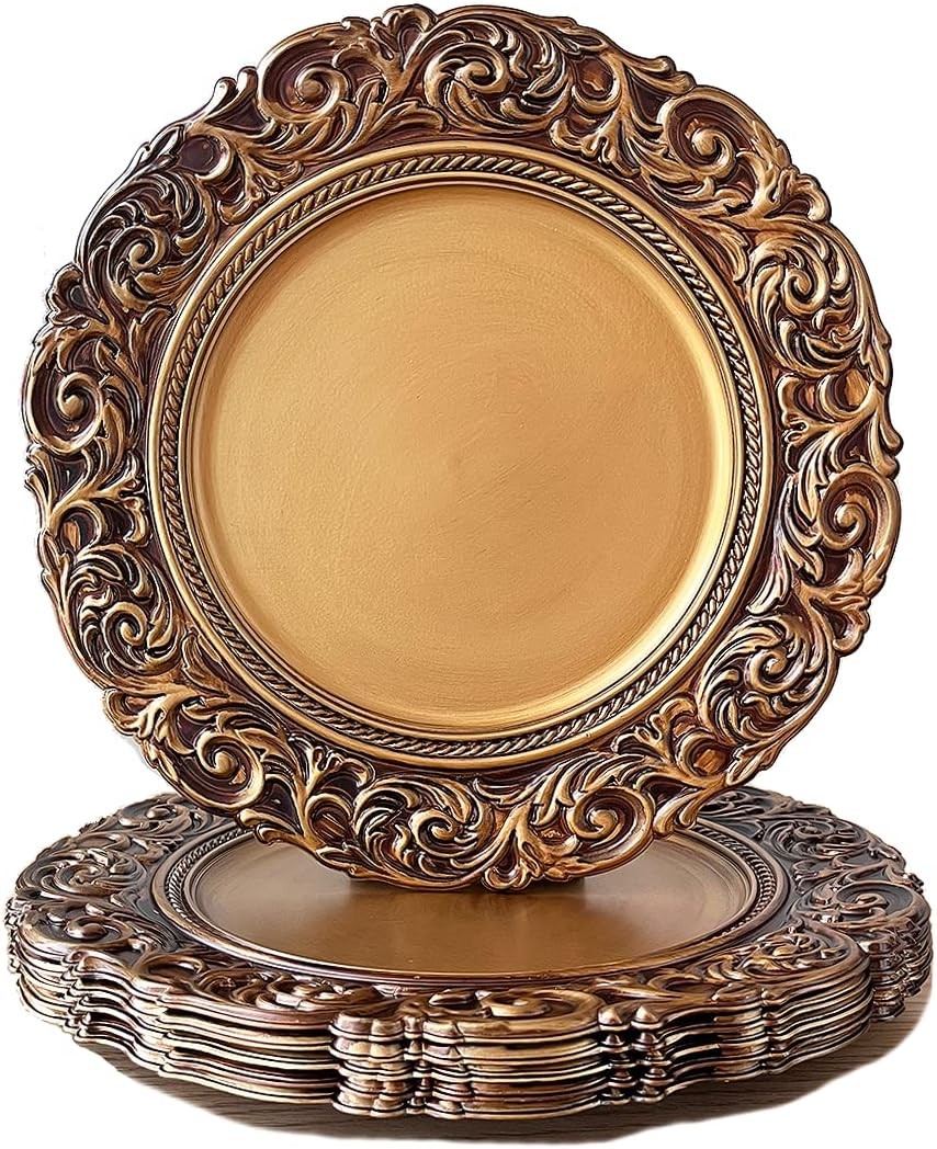 Antique Gold Charger Plates, 13 Inch Dinner Plate Chargers Round Server Ware....